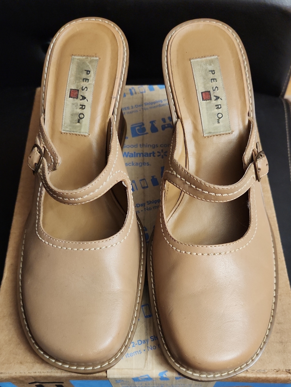 Pesaro Beige Leather Mary Jane Clogs with Buckle Sz 7.5